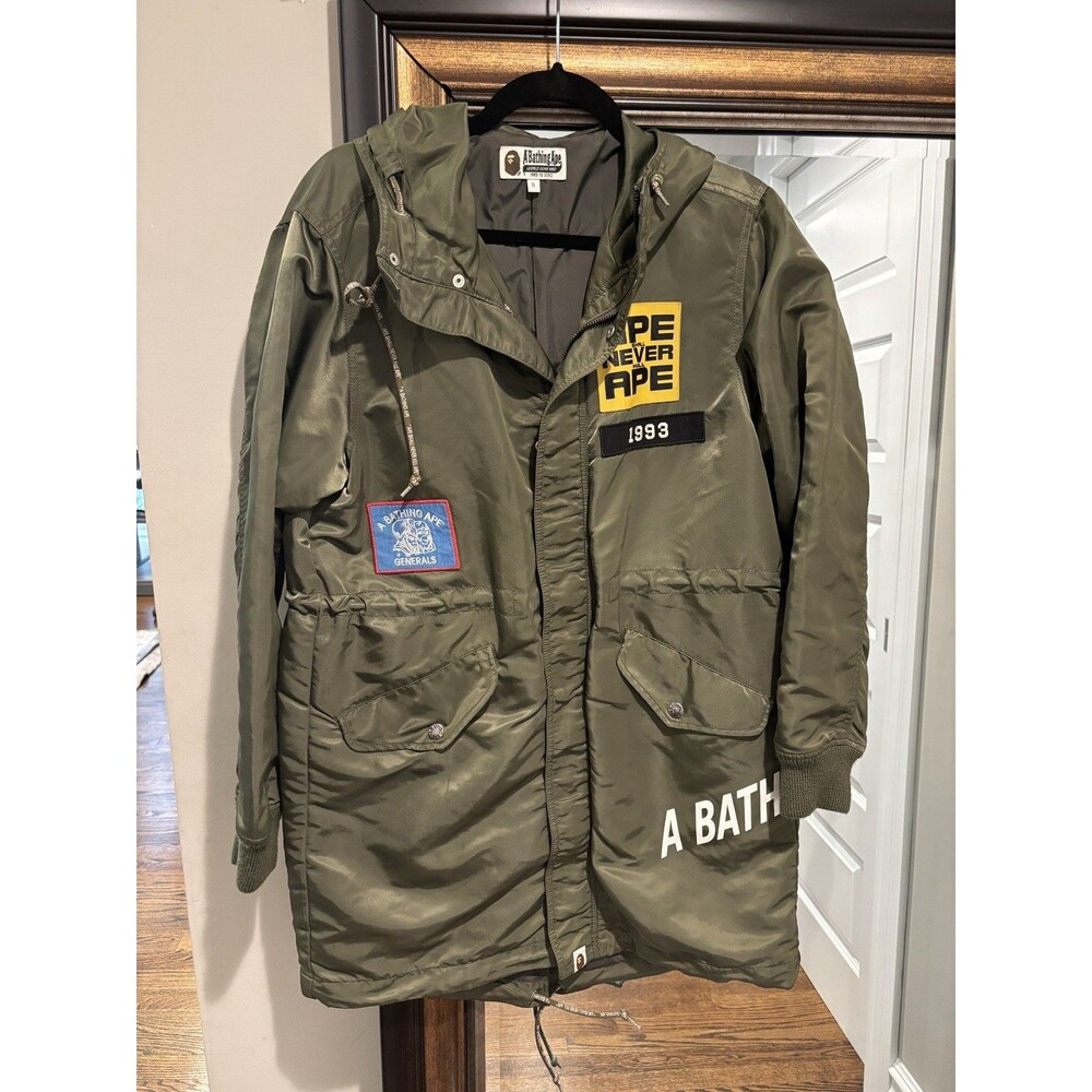 BAPE A Bathing Ape World Gone Mad Hooded Parka Jacket Olive Green Unisex Size S